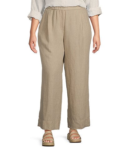 Eileen Fisher Plus Size Organic Linen Elastic Waist Pleat Front Wide-Leg Pants