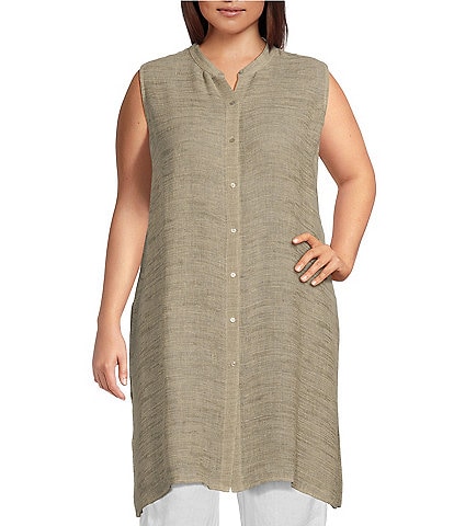 Eileen Fisher Plus Size Organic Linen Gauze Sleeveless Long Side Slit Button Front Shirt