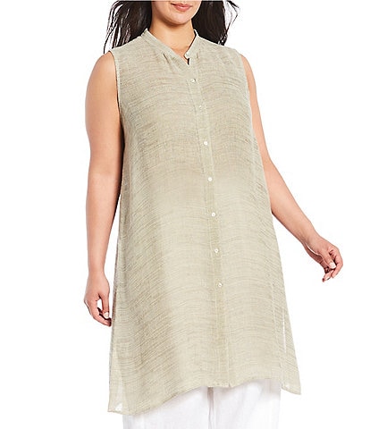 Eileen Fisher Plus Size Organic Linen Blend Gauze Sleeveless Long Side Slit Button Front Shirt