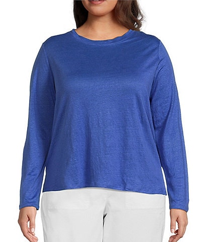 Eileen Fisher Plus Size Organic Linen Jersey Knit Crew Neck Long Sleeve Tee Shirt