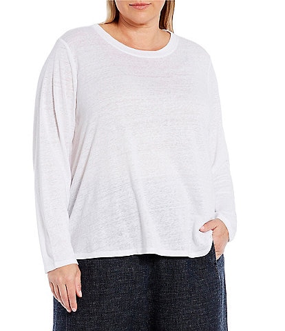 Eileen Fisher Plus Size Organic Linen Jersey Knit Crew Neck Long Sleeve Tee Shirt