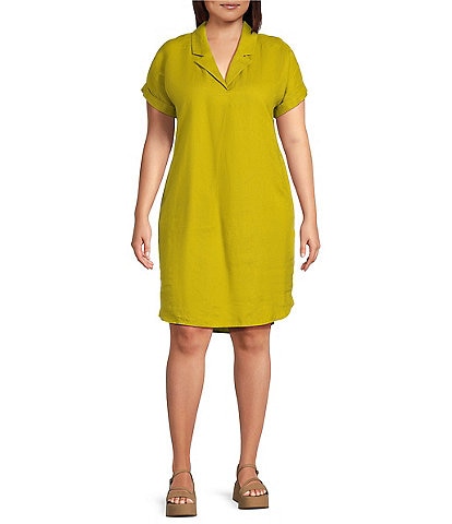 Eileen Fisher Plus Size Organic Linen Notch Collar Cap Sleeve Shirtdress