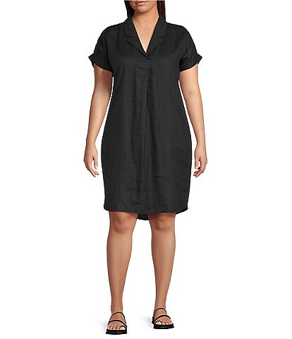Eileen Fisher Plus Size Organic Linen Notch Collar Cap Sleeve Shirtdress