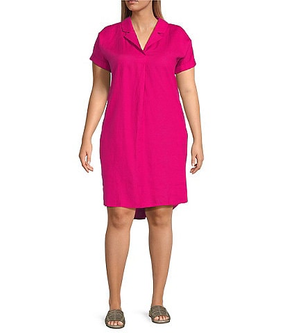 Eileen Fisher Plus Size Organic Linen Notch Collar Cap Sleeve Shirtdress