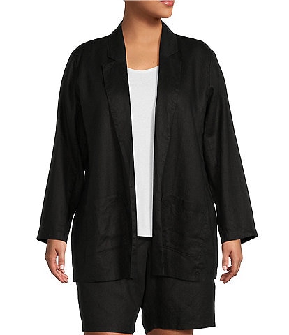Eileen Fisher Plus Size Organic Linen Notch Collar Pocketed Open Front Blazer