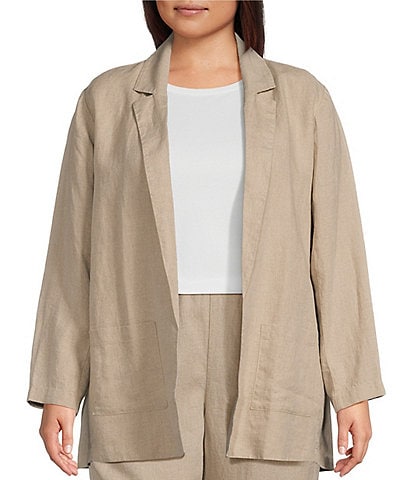 Eileen Fisher Plus Size Organic Linen Notch Lapel Collar Long Sleeve Pocketed Open-Front Long Blazer