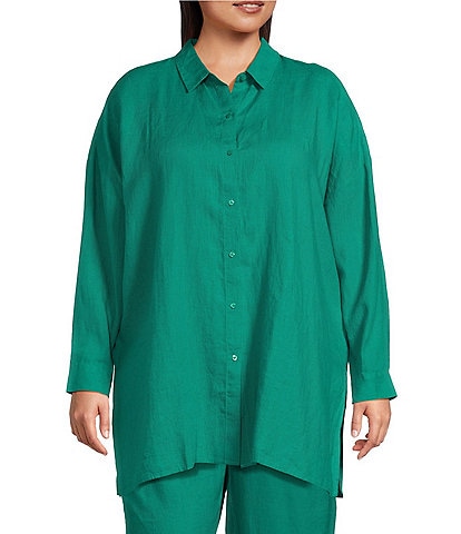 Eileen Fisher Plus Size Organic Linen Point Collar Long Sleeve Button-Front Shirt
