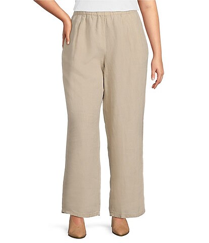 Eileen Fisher Plus Size Organic Linen Single Pleat Wide Ankle Straight Pants