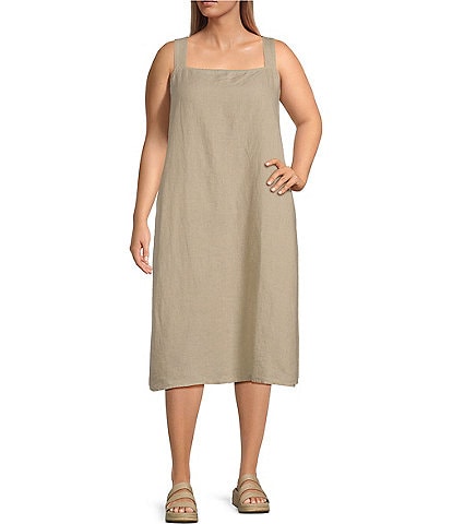 Eileen Fisher Plus Size Organic Linen Square Neck Sleeveless Smocked Midi Dress