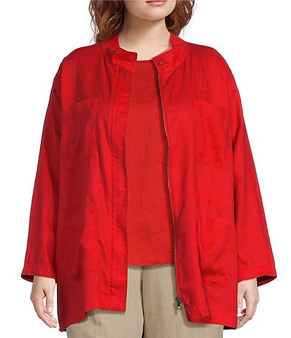 Eileen Fisher Plus Size Organic Linen Stand Collar Long Sleeve Zip Front Jacket