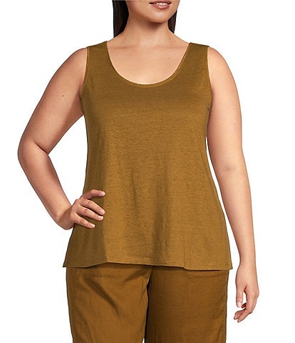 Eileen Fisher Plus Size Organic Linen Stretch Jersey Knit Scoop Neck Sleeveless Relaxed Fit Tank