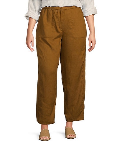 Eileen Fisher Plus Size Organic Linen Relaxed Wide-Leg Elastic Waist Pocketed Ankle Pants