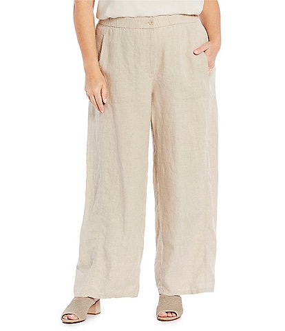 Eileen Fisher Plus Size Organic Linen Relaxed Wide-Leg Elastic Waist Pocketed Ankle Pants