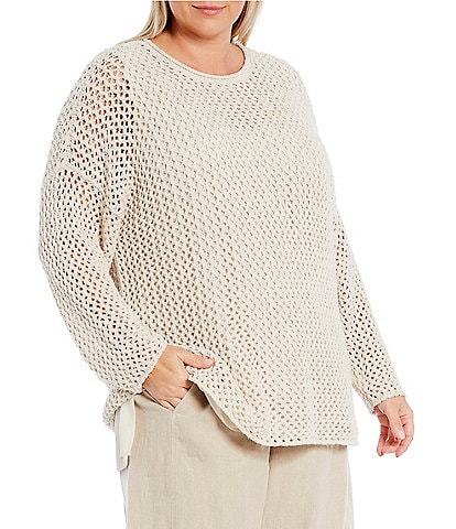 Eileen Fisher Plus Size Peruvian Boucle Organic Cotton Crew Neck Long Sleeve Boxy Sweater