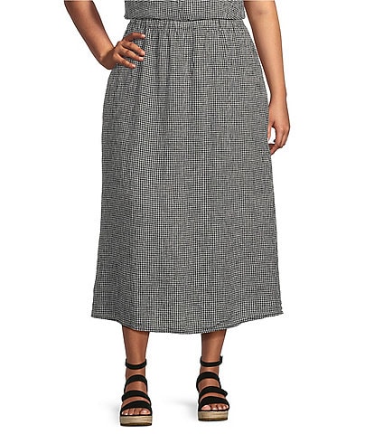 Eileen Fisher Plus Size Puckered Check Organic Linen Elastic Waist A-Line Gathered Midi Skirt