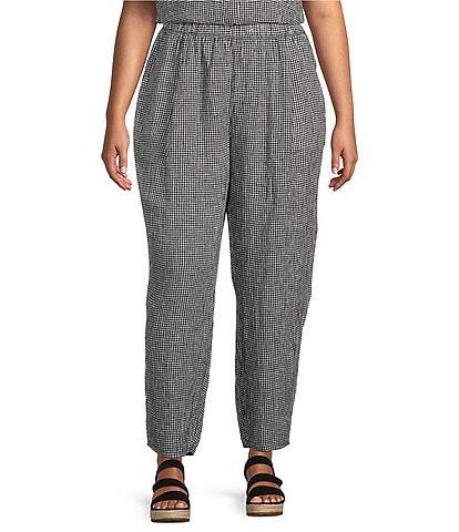 Eileen Fisher Plus Size Puckered Organic Linen Check Print Tapered Leg Ankle Pants