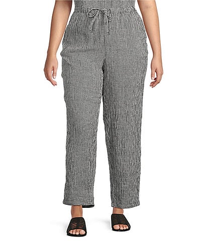 Eileen Fisher Plus Size Puckered Organic Linen Gingham Taper Ankle Coordinating Pants