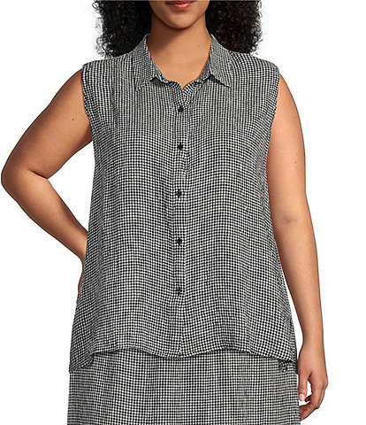Eileen Fisher Plus Size Puckered Organic Linen Point Collar Sleeveless Side Slit Coordinating Button-Front Shirt