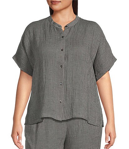 Eileen Fisher Plus Size Organic Linen Seersucker Checked Print Short Sleeve Coordinating Button Front Shirt