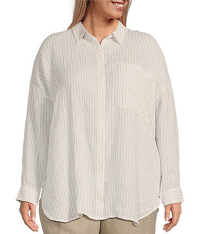 Eileen Fisher Plus Size Puckered Organic Linen Stripe Print Point Collar Long Sleeve Button-Front Shirt