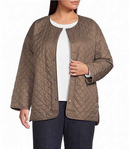 Eileen Fisher Plus Size Quilted Round Neck Long Sleeve Short Coat