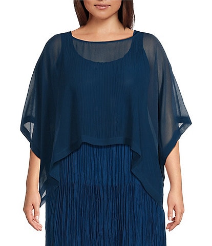 Eileen Fisher Plus Size Sheer Silk Georgette Boat Neck Elbow Sleeve Boxy Cropped Poncho