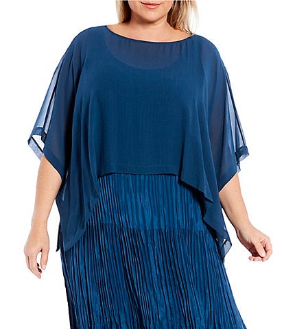 Eileen Fisher Plus Size Sheer Silk Georgette Boat Neck Elbow Sleeve Boxy Cropped Poncho