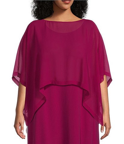 Eileen Fisher Plus Size Sheer Silk Georgette Boat Neck Short Sleeve Boxy Poncho