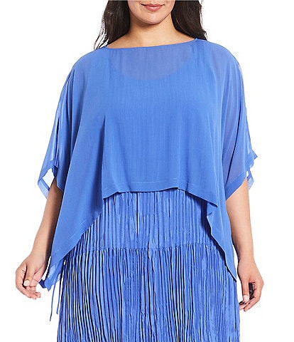Eileen Fisher Plus Size Sheer Silk Georgette Boat Neck Short Sleeve Boxy Poncho
