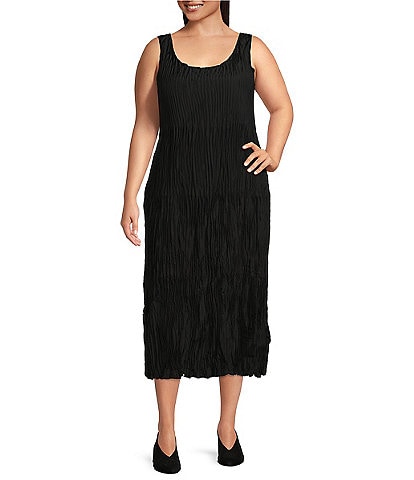 Eileen Fisher Plus Size Silk Crinkle Textured Scoop Neck Sleeveless Tiered A-Line Midi Dress