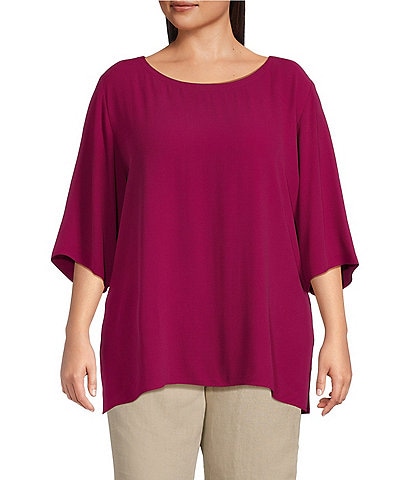 Eileen Fisher Plus Size Silk Georgette Crepe Boat Neck 3/4 Sleeve Tunic
