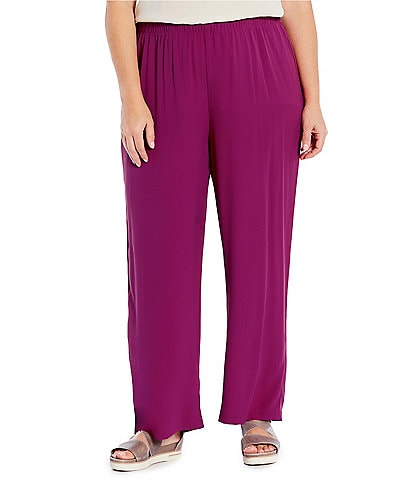 Eileen Fisher Plus Size Silk Georgette Crepe Elastic Waisted Wide-Leg Pull-On Ankle Pants