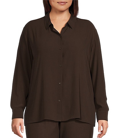 Eileen Fisher Plus Size Silk Georgette Crepe Point Collar Long Sleeve Button Front Classic Shirt