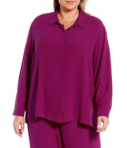 Eileen Fisher Plus Size Silk Georgette Crepe Point Collar Long Sleeve Button-Front Shirt