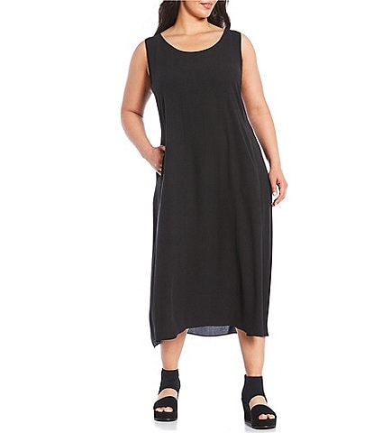 Eileen Fisher Plus Size Silk Georgette Crepe Scoop Neck Sleeveless Pocketed Shift Midi Dress