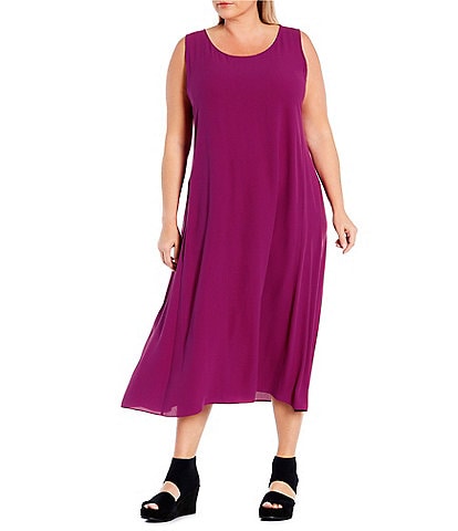Eileen Fisher Plus Size Silk Georgette Crepe Scoop Neck Sleeveless Pocketed Shift Midi Dress