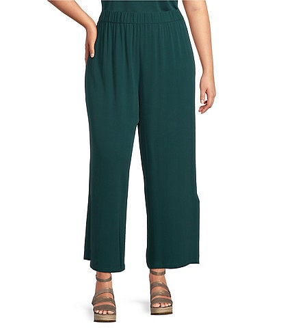 Eileen Fisher Plus Size Silk Georgette Crepe Wide-Leg High Side Slit Pull-On Ankle Pants