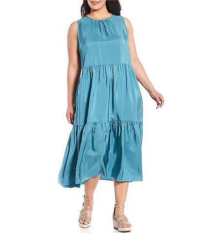 Eileen Fisher Plus Size Silk Round Neck Sleeveless Tiered Midi Shift Dress