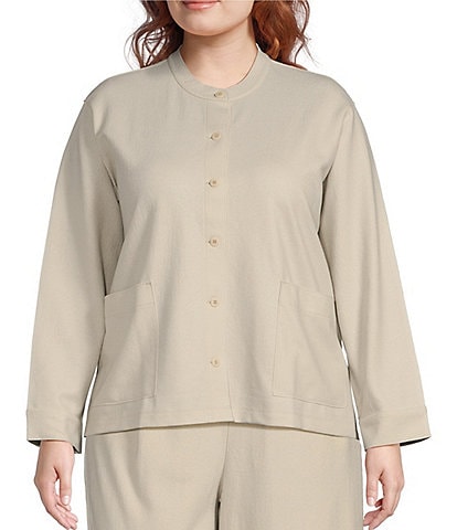 Eileen Fisher Plus Size Soft Boiled Wool Jersey Knit Mandarin Collar Long Sleeve Side Slit Button-Front Coordinating Jacket