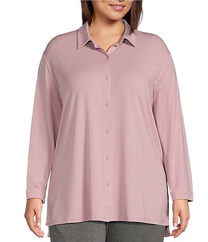 Eileen Fisher Plus Size Stretch Jersey Knit Point Collar Long Sleeve Button-Front Shirt