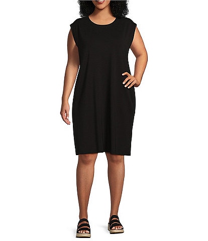 Eileen Fisher Plus Size Stretch Jersey Round Neck Cap Sleeve Sheath Dress