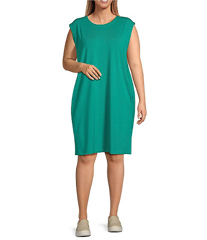 Eileen Fisher Plus Size Stretch Jersey Round Neck Cap Sleeve Sheath Dress