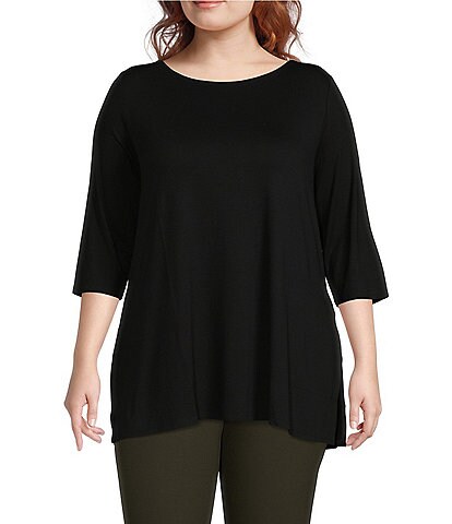 Eileen Fisher Plus Size Stretch Knit Jersey Boat Neck 3/4 Sleeve Long Tunic