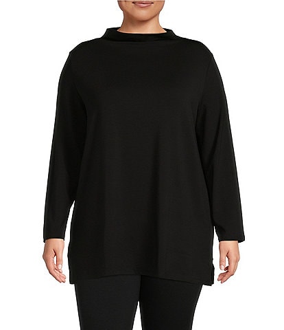Eileen Fisher Plus Size Stretch Knit Jersey Funnel Neck Long Sleeve Tunic