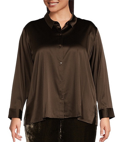 Eileen Fisher Plus Size Stretch Silk Charmeuse Point Collar Long Sleeve Button Front Classic Shirt