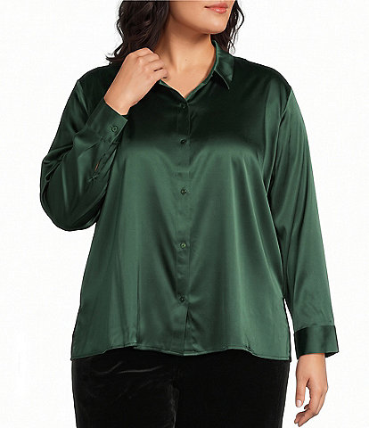 Eileen Fisher Plus Size Stretch Silk Charmeuse Point Collar Long Sleeve Button-Front Shirt