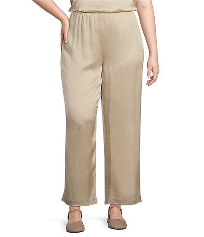 Eileen Fisher Plus Size Striated Silk Satin Straight Leg Pull-On Ankle Pants