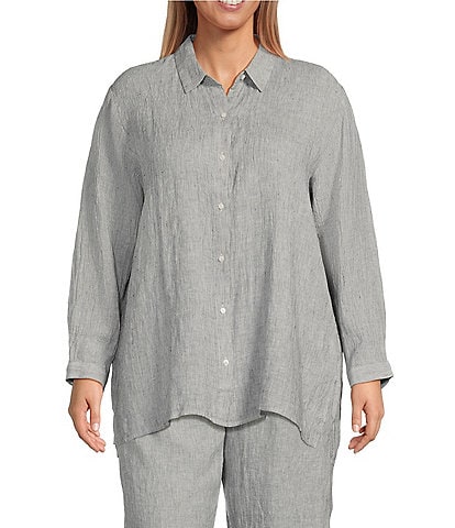 Eileen Fisher Plus Size Striped Crinkle Organic Linen Point Collar Long Sleeve Hi-Low Hem Button-Front Shirt