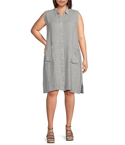 Eileen Fisher Plus Size Striped Crinkle Organic Linen Point Collar Sleeveless Button-Front Shirt Dress