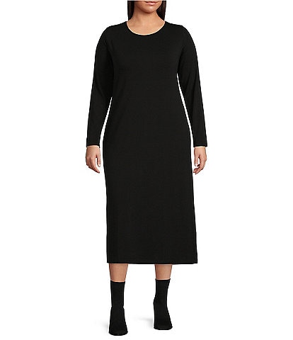Eileen Fisher Plus Size Tencel ™ Jewel Neck Long Sleeve Knit Jersey Shift Midi Dress